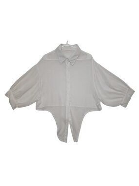 Womens XXL White Sheer Button Front Blouse Dolman Sleeve Lightweight Top